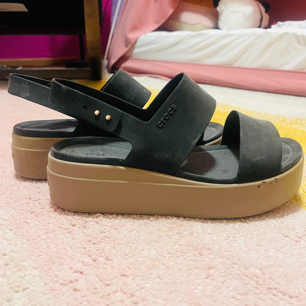 CROCS Black Upper Platform Sandals with Tan Platform